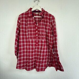 L.L.Bean Womens Red Plaid Long Sleeve Pintuck Button-Up Shirt Large 100% Cotton
